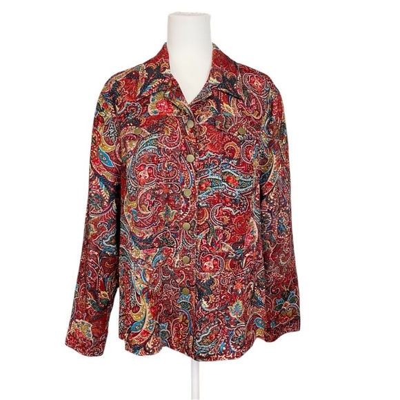 Coldwater Creek Paisley Corduroy Jacket Red Multicolor Button Front Boho Size XL - Picture 1 of 10